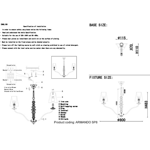 Подвесная люстра Crystal Lux ARMANDO SP8 GOLD, фото , изображение 3